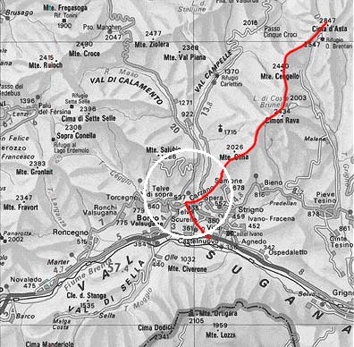 La localita' di Carzano e la linea (in rosso) corrispondente al fronte italiano