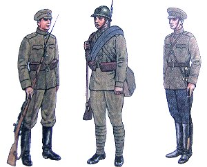 Le uniformi dell’esercito russo, nel 1914 non differivano molto da quelle delle altre FFAA europee. Anzi l’esercito zarista, a proprie spese, in Manciuria, contro i Giapponesi, aveva ben compreso l’importanza della mimetizzazione e della comodità.  Più dei Francesi con i loro pantaloni rossi o dei Tedeschi con gli elmi di cuoio chiodati!
