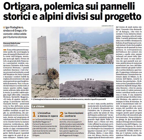 Ortigara, polemica sui pannelli storici e alpini divisi sul progetto