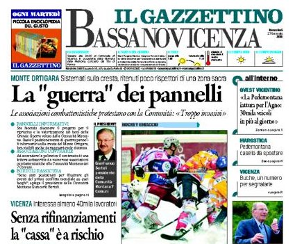 Il Gazzettino di Vicenza - Pannelli rimossi dall'Ortigara in prima pagina